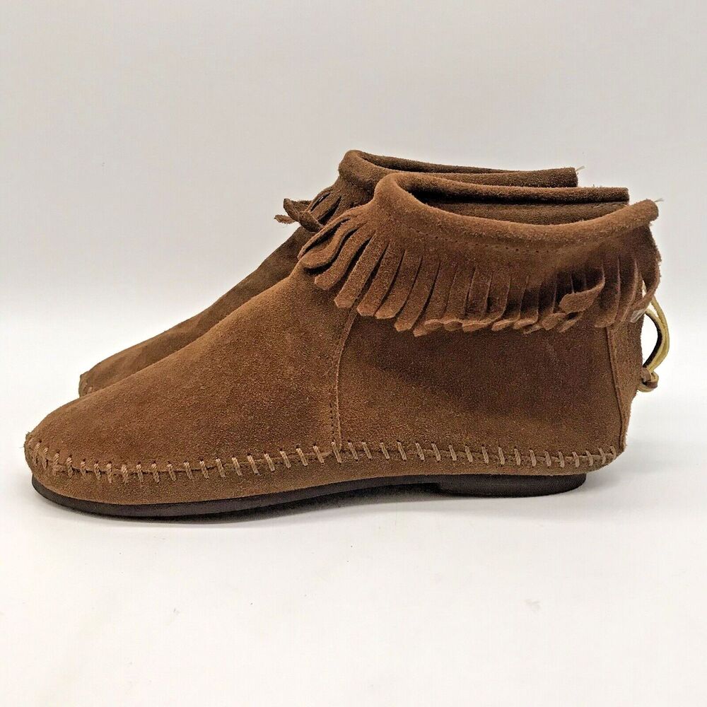 Minnetonka Brown Suede Moc Bootie Women's 6 Fringed Back Zip Moccasin Ankle Boot